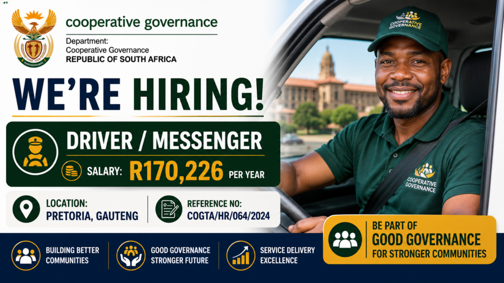 Department of Cooperative Governance Hiring Driver / Messenger in Pretoria – Salary R170,226 Per Year department of cooperative governance hiring driver