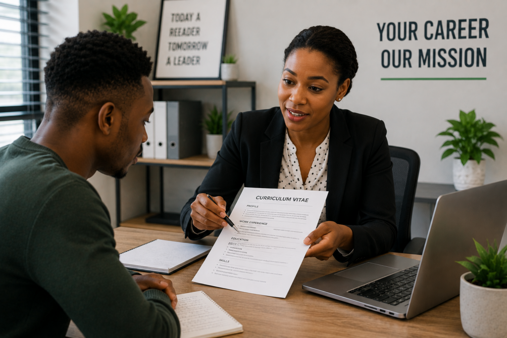 How to Write a Winning CV in South Africa advisor helping a job seeker improve a cv