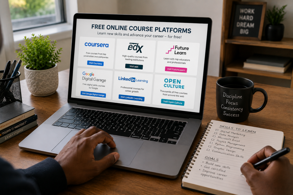 Best Free Online Courses for Job Seekers in South Africa free online course platforms on a laptop